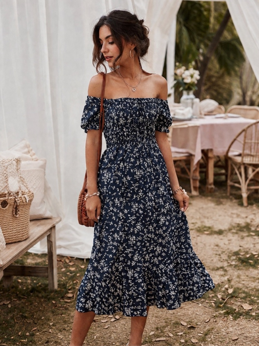 Elegant Floral Off-Shoulder Midi Dress